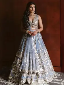 ODETTE Embroidered Mirror Work Net Semi-Stitched Lehenga & Unstitched Blouse With Dupatta