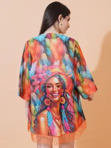 ARV TRENDS Printed V-Neck Waterfall Georgette Shrug