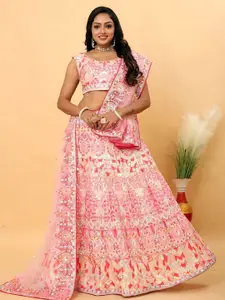 ODETTE Embroidered Mirror Work Semi-Stitched Lehenga & Unstitched Blouse With Dupatta