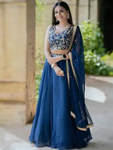 ODETTE Embroidered Sequinned Semi-Stitched Lehenga & Unstitched Blouse With Dupatta