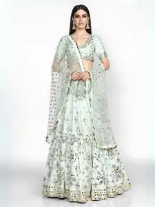 ODETTE Embroidered Mirror Work Semi-Stitched Lehenga & Unstitched Blouse With Dupatta
