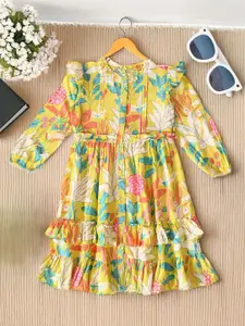 BAESD Girls Floral Printed Ruffles Tiered Puff Sleeves Cotton Fit & Flare Dress