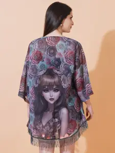 ARV TRENDS Floral Printed V-Neck Open Front Georgette Shrug