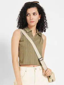 People Self Design Shirt Collar Crop Top