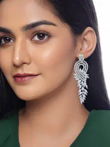 PRIVIU Silver-Plated American Diamond Studded Leaf Shaped Drop Earrings
