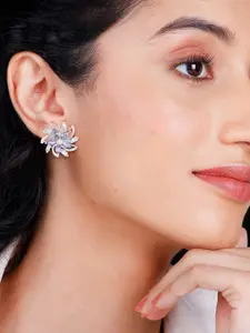 PRIVIU Silver-Plated American Diamond Studded Floral Shaped Studs