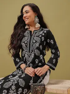 ADA Women Black & White Chikankari Embroidered Straight Sustainable Handloom Kurta
