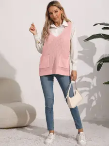 DressBerry Women Solid Sleeveless Longline Sweater Vest