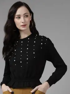 The Roadster Lifestyle Co. Women Embellished Cotton Round Neck Pullover Sweatshirt