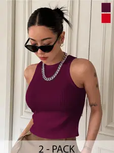 TOOCHKI Women Pack of 2 Ribbed Round Neck Tank Crop Top