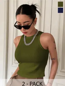 TOOCHKI Women Pack of 2 Ribbed Round Neck Tank Crop Top