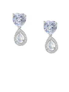 PRIVIU Silver-Plated American Diamond Studded Heart Shaped Drop Earrings
