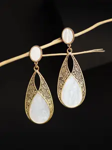 DIVASTRI Gold-Plated Artificial Stones Studded Teardrop Shaped Drop Earrings