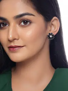 PRIVIU Silver-Plated American Diamond Studded Floral Shaped Studs