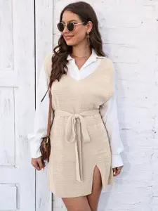 bebe Women Self Design Belted Longline Pullover Sweater