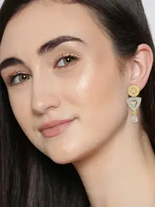 PRIVIU Gold-Plated American Diamond Studded Circular Shaped Drop Earrings