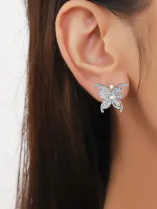 PRIVIU Silver-Plated American Diamond Studded Butterfly Shaped Studs
