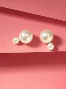 MANSIYAORANGE Rhodium-Plated Pearls Studded Spherical Shaped Double Sided Studs