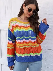 bebe Women Open Knit Self Design Round Neck Pullover Sweater