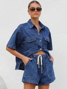 bebe Pure Cotton Shirt Collar Neck Shirt With Shorts Co-Ords