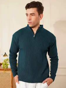 Kvetoo Wool Men Ribbed Long Sleeve High Neck Half Zipper Sweater
