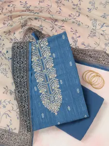 Koskii Geometric Printed Thread Work Linen Unstitched Dress Material