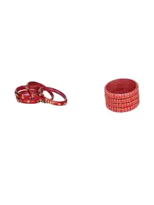 Somil Set of 8 Red Glass Artificial Stones And Beaded Bangles Set