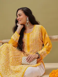 ADA Women Mustard Yellow & White Hand Embroidered Chikankari Handloom Kurta With Matching Slip