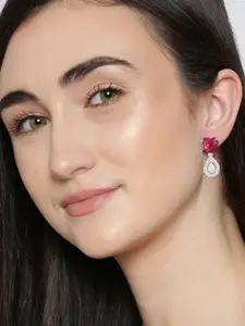 PRIVIU Silver-Plated American Diamond Studded Heart Shaped Drop Earrings