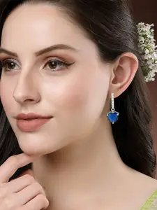 PRIVIU Silver-Plated American Diamond Studded Heart Shaped Drop Earrings