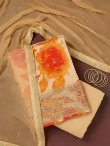 Koskii Floral Printed Thread Work Dola Silk Unstitched Dress Material