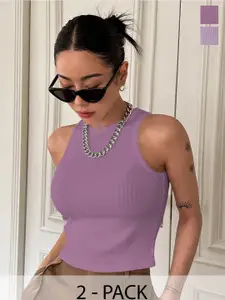 TOOCHKI Women Pack of 2 Vertical Stripes Striped Round Neck Tank Crop Tops