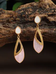 DIVASTRI Gold-Plated Artificial Stones Studded Teardrop Shaped Drop Earrings