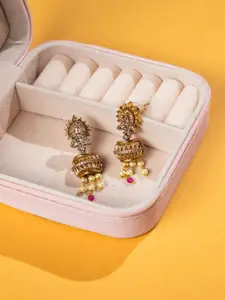 Niscka Gold-Plated Zircon Studded And Artificial Beaded Teardrop Shaped Drop Earrings