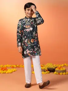 FASHION DREAM Boys Floral Printed Band Collar Straight Kurta And Trouser