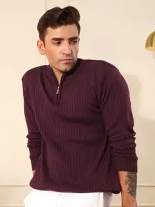 KVETOO Men Ribbed Wool High Neck Zipper Pullover