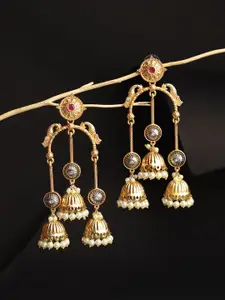 DIVASTRI Gold-Plated Artificial Stones Studded & Pearls Beaded Dome Shaped Jhumkas