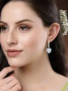 PRIVIU Silver-Plated American Diamond Studded Heart Shaped Drop Earrings