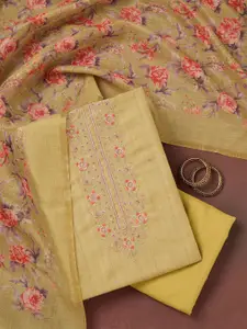 Koskii Floral Embroidered Zari Linen Unstitched Dress Material