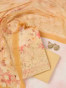 Koskii Floral Printed Thread Work Linen Unstitched Dress Material