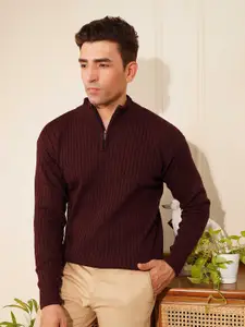 KVETOO Men Ribbed High Neck Half Zipper Sweater