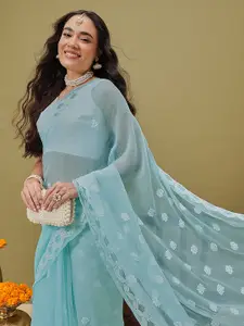 ADA Blue & White Poly Georgette Chikankari Embroidered Saree