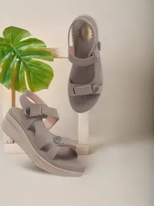Denill Women Grey Casual Solid Adjustable Strap Platform Heel Sandal