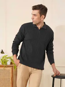 KVETOO Men Ribbed Shirt Collar Long Sleeves Pullover Sweater