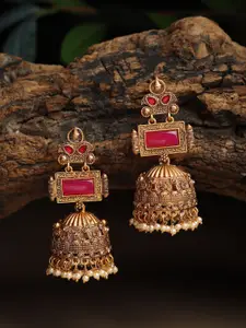 DIVASTRI Gold-Plated Artificial Stones Studded And Beaded Dome Shaped Jhumkas