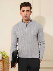 Kvetoo Wool Men Ribbed High Neck Half Zipper Pullover