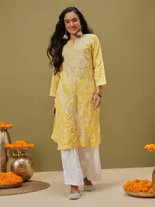 ADA Women Yellow & White Chikankari Embroidered Straight Sustainable Handloom Kurta