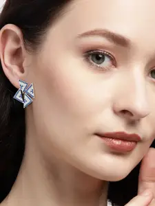 PRIVIU Silver-Plated American Diamond Studded Triangular Shaped Studs