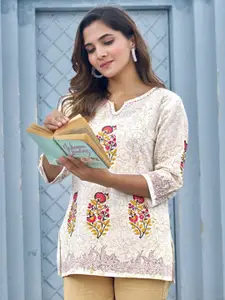 KALINI Women V-Neck Embroidered Floral Printed Kurti
