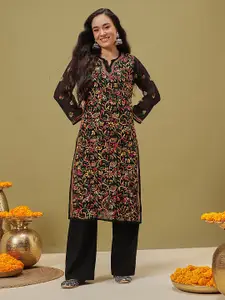 ADA Women Black & Pink Chikankari Hand Embroidered Semi-Sheer Straight  Kurta With Slip